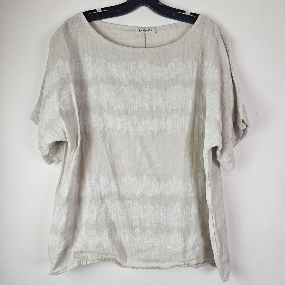 Liabella Made in Italy 100% Linen Top Beige Ikat Stripe Oversized Blouse 8158